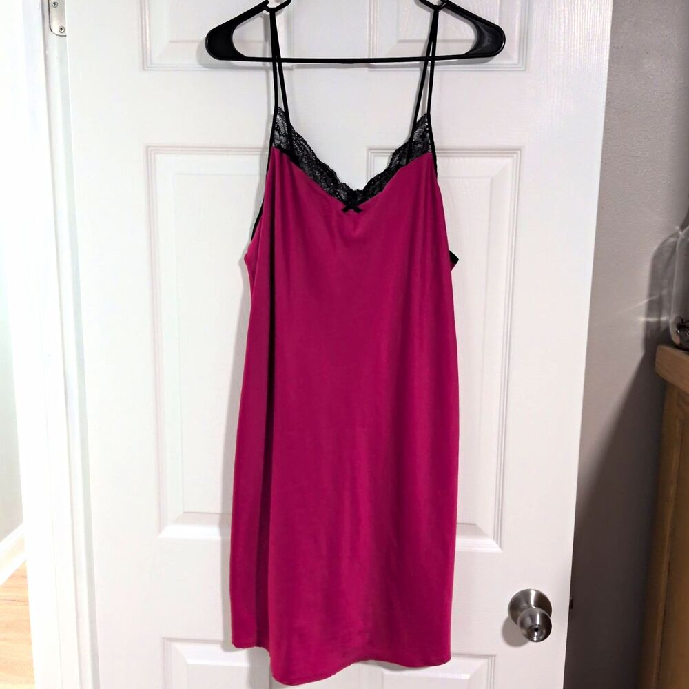 Gilligan & O'Malley Satin Lace Trim Chemise Slip Pink/Black 2XL Adjustable
